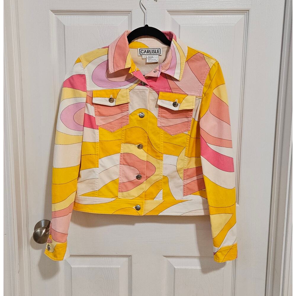 Carlisle Abstract Mod Print Stretch Cotton Jacket Size 4 Pink Yellow
